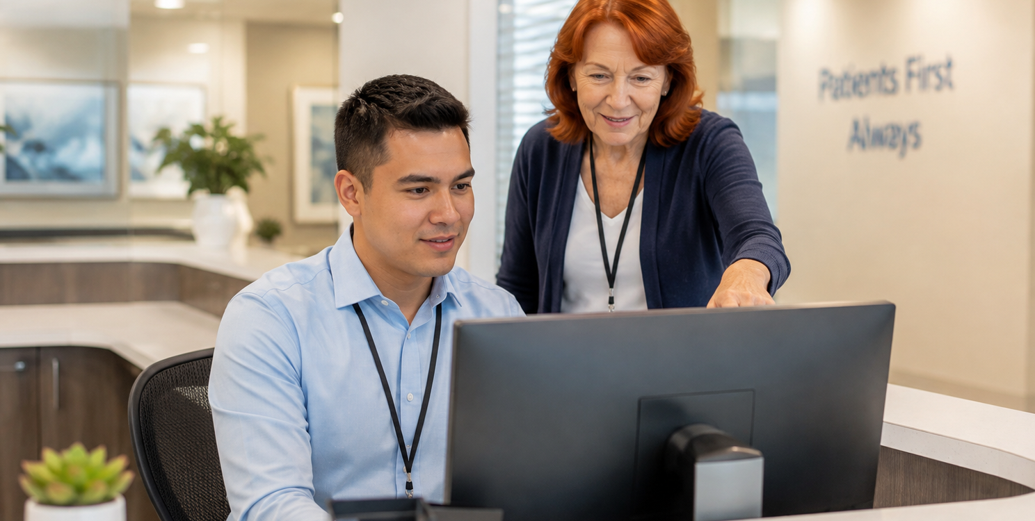 Two healthcare staff members at a front desk reviewing information on a computer monitor in a modern medical office.