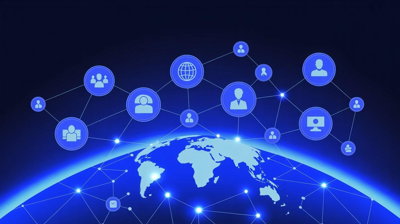 A blue earth with icons and dotsAI-generated content may be incorrect., Picture