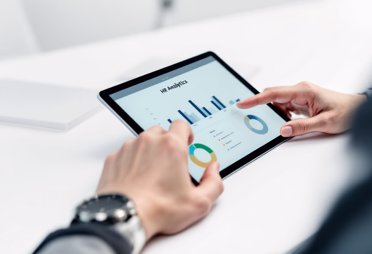 image of business professional reviewing analytics (for a hr tech)