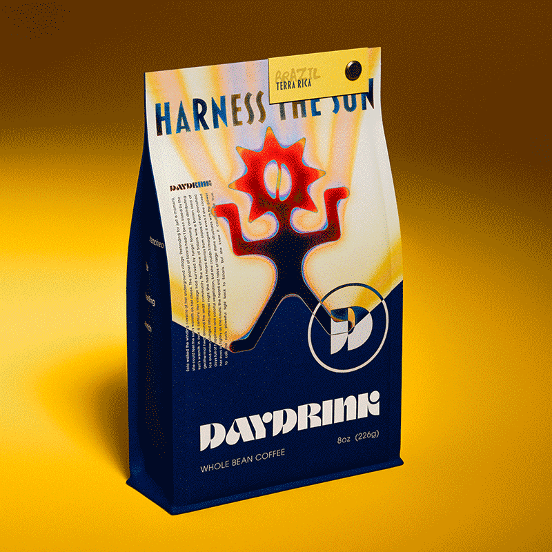 Daydrink 8oz coffee bag in a studio environment with a single light on the bag. The bag is navy blue with a colorful illustration of a gradient Daydrink Sunreacher. The Sunreacher is a character-like logo featuring a sun head with a coffee bean at the center. The color starts from navy blue with a light blue outline around it and ends at the top in red and orange hues. Its arms and legs are in a rigid pose, almost like a statue. The background of the illustration is yellow and orange beams that protrude from behind the Siunreacher, evoking the feeling of the warm sun. Above the sunreacher in bold lettering reads "Harness the Sun". At the bottom right foot of the Sunreacher sits a D in a circle taken from the Daydrink wordmark. Below the illustration sits a Daydrink wordmark with "whole bean coffee" "8 oz" underneath. There is a tag with the name "Brazil - Mogiana" attached to the top right corner of the bag with a metal screw.