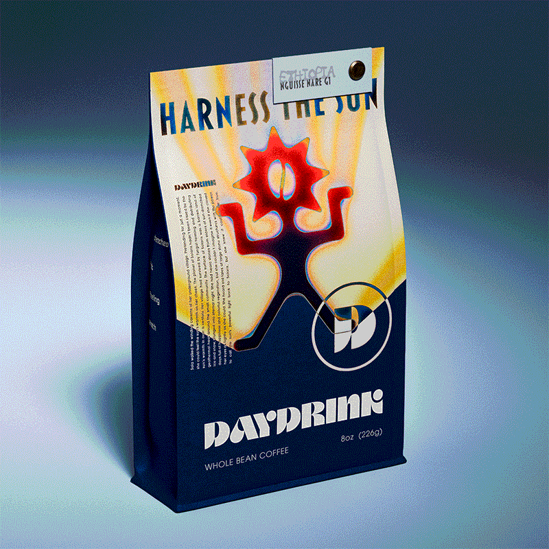 Daydrink 8oz coffee bag in a studio environment with a single light on the bag. The bag is navy blue with a colorful illustration of a gradient Daydrink Sunreacher. The Sunreacher is a character-like logo featuring a sun head with a coffee bean at the center. The color starts from navy blue with a light blue outline around it and ends at the top in red and orange hues. Its arms and legs are in a rigid pose, almost like a statue. The background of the illustration is yellow and orange beams that protrude from behind the Sunreacher, evoking the feeling of the warm sun. Above the Sunreacher, in bold lettering, reads "Harness the Sun". At the bottom right foot of the Sunreacher sits a D in a circle taken from the Daydrink wordmark. Below the illustration sits a Daydrink wordmark with "whole bean coffee" "8 oz" underneath. There is a tag with the name "Ethiopia-Nguisse Nare" attached to the top right corner of the bag with a metal screw.