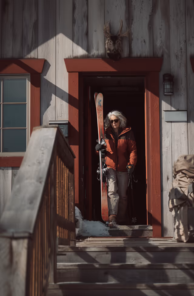 A woman enjoying her retirement. She is walking out of her house on the slops, holding her skis and polls.