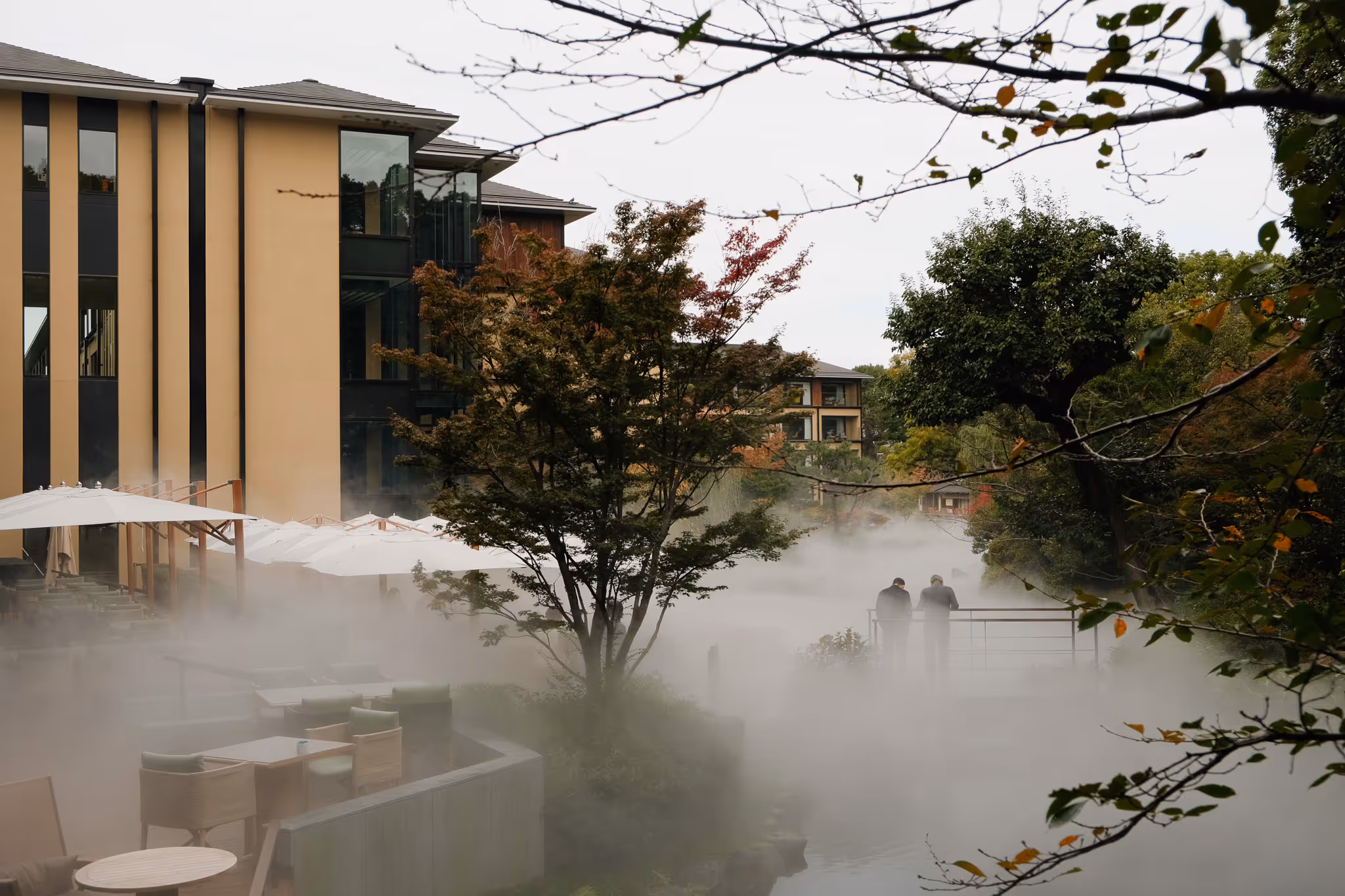 Two people standing on a fog-covered bridge over water, with trees and modern buildings in the background.