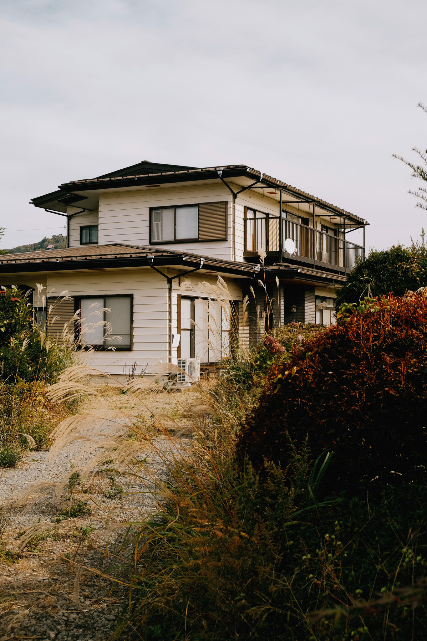Two-story house with white siding, brown window shutters, and a balcony surrounded by tall grasses and shrubs.