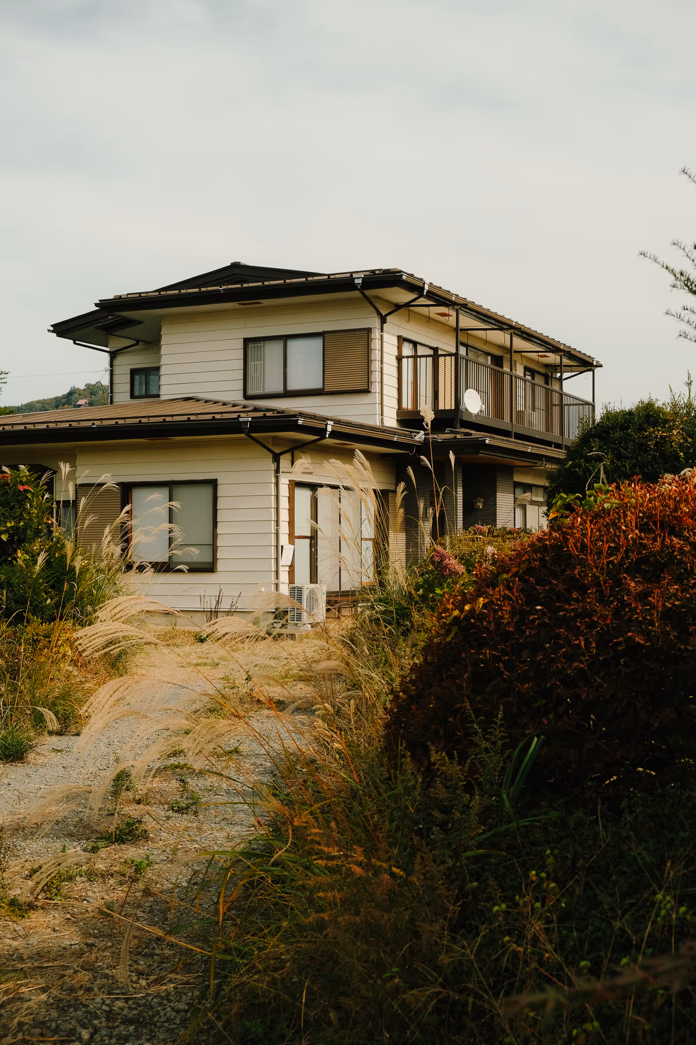 Two-story beige house with a balcony, surrounded by tall grass and shrubs under an overcast sky.