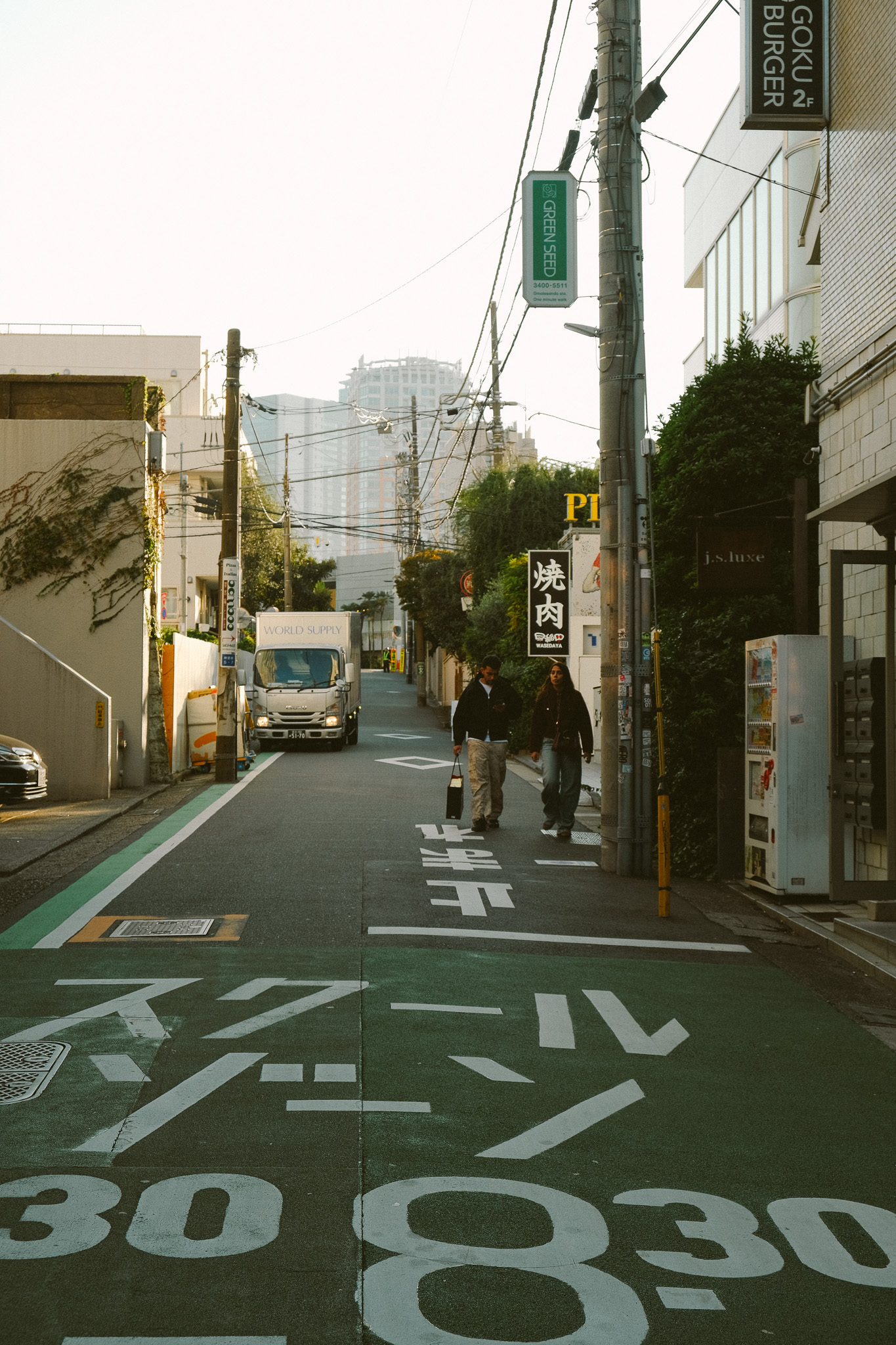 Urban street in Japan with two people walking, a delivery truck, utility poles with signs, and buildings on either side.
