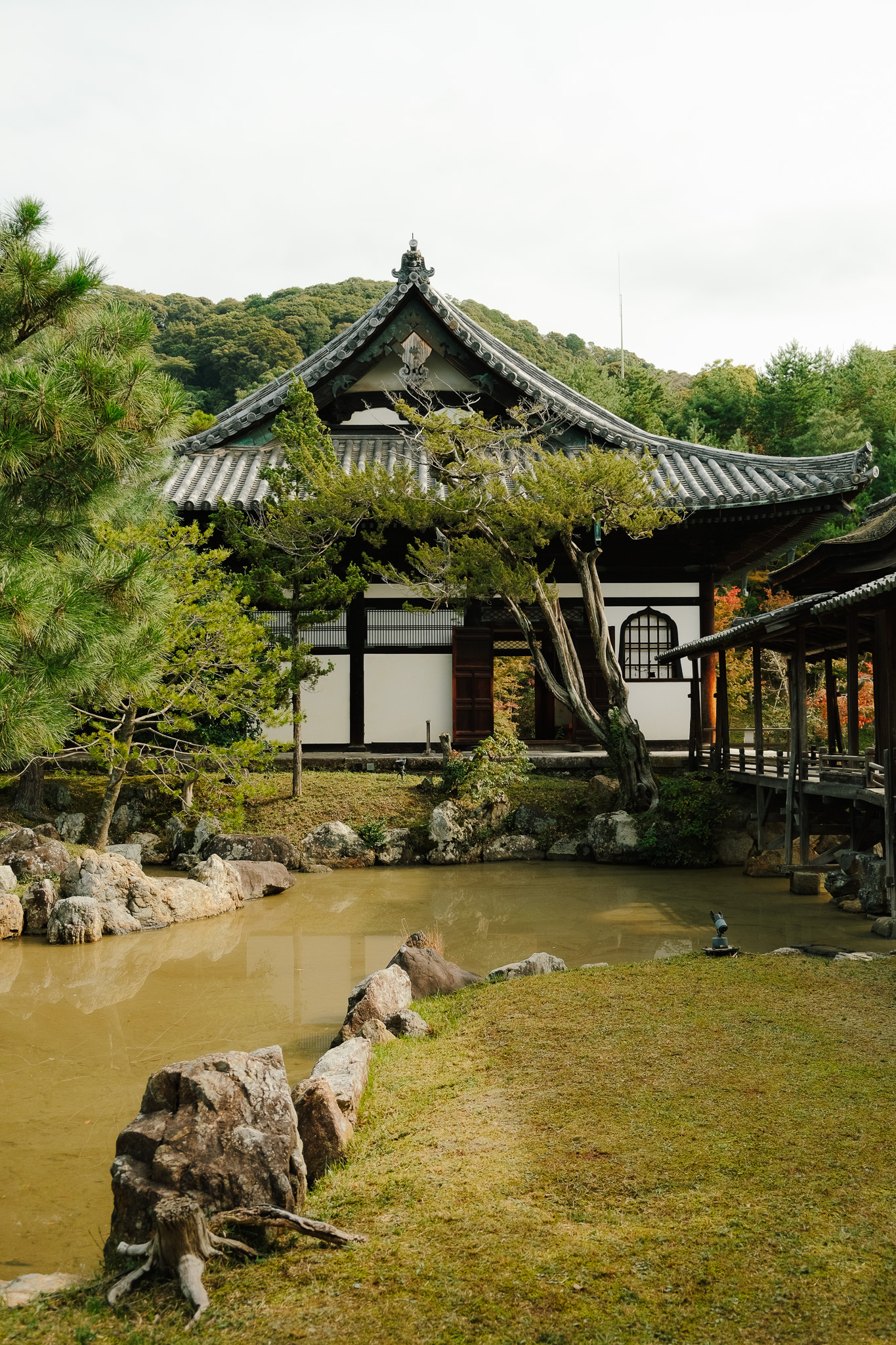 Traditional Japanese building with grey tiled roof by a pond surrounded by trees and rocks in a serene garden.