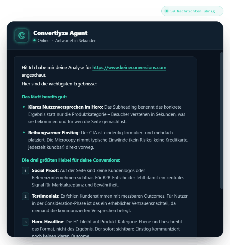 Chat-Fenster des Convertlyze AI-Agenten mit Conversion-Analyse einer Landingpage – inklusive positiver Befunde und drei priorisierten Optimierungsempfehlungen.