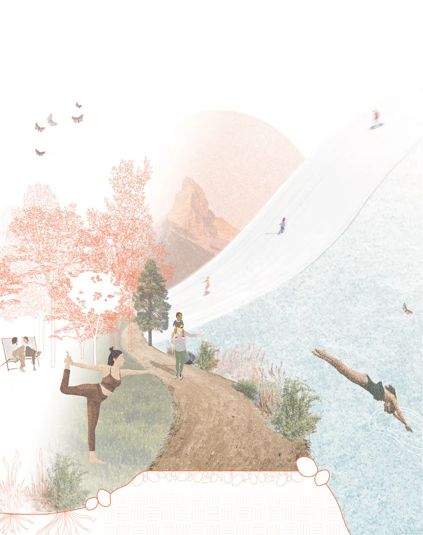 Illustration des geplanten Naherholungsgebiets mit See, Weg und Matterhorn im Hintergrund