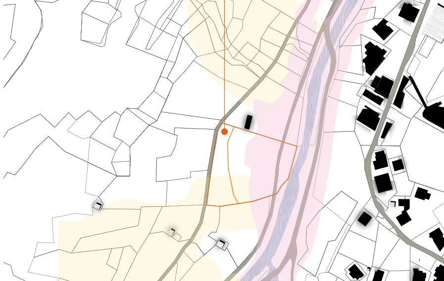 Situationsplan mit dem orange markierten Perimeter am Ufer der Vispa
