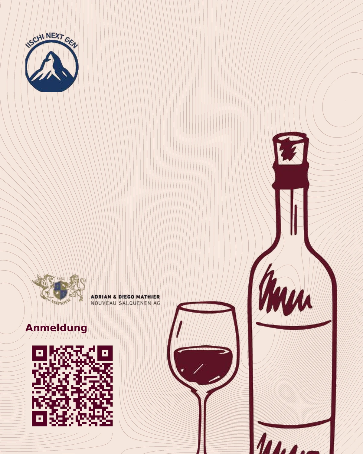 Grafik zum Anlass: Weinflasche mit Glas, Zeichen von iischi NextGen, Partner Adrian und Diego Mathier sowie ein QR-Code zur Anmeldung