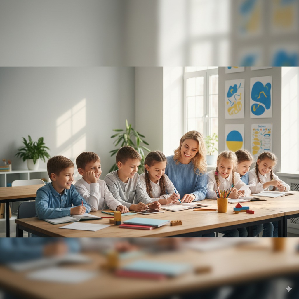 image of volunteer teaching children