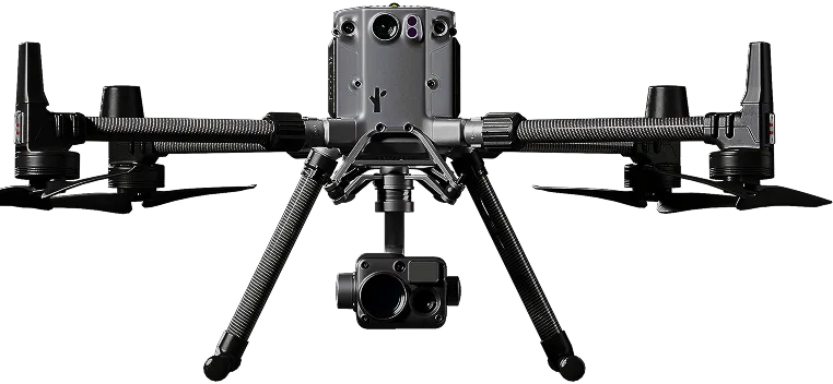 Front view of a professional drone with dual arms, multiple cameras, and a stabilizing gimbal.