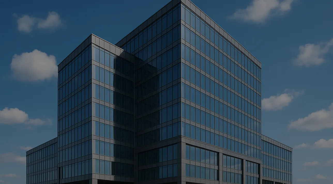Modern glass office building against a blue sky with scattered clouds.
