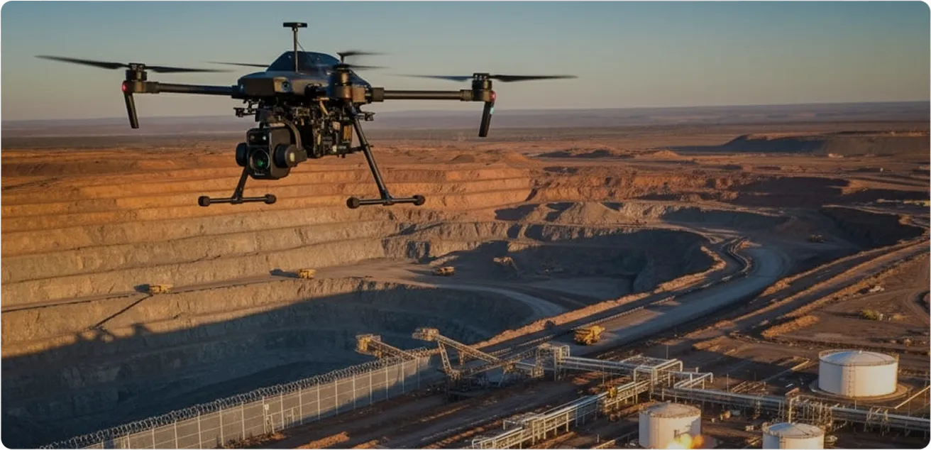 Black drone flying over a large open-pit mining site with terraced earth and industrial equipment.