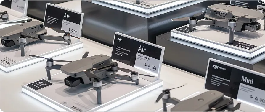 Display of multiple DJI drones including Air and Mini models on stands in a retail store.