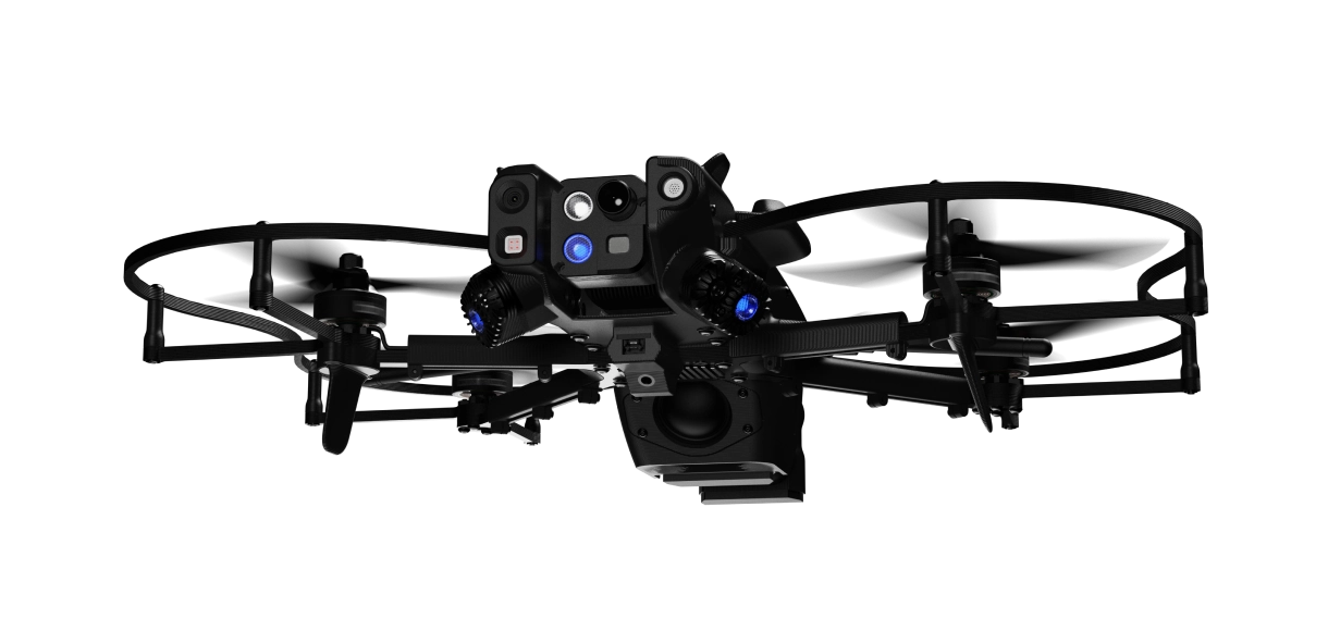 Black quadcopter drone with four propellers and multiple sensors and cameras on its front.