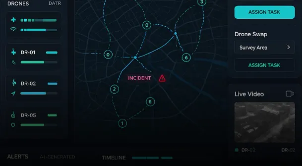 User interface showing drone statuses, a map with an incident marked, task assignment options, and live video feed from drone DR-02.