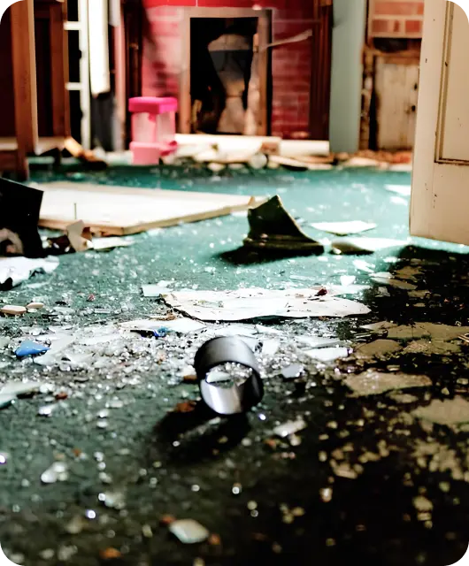 Close-up of shattered glass and debris scattered on a green carpeted floor in a dimly lit, cluttered room.