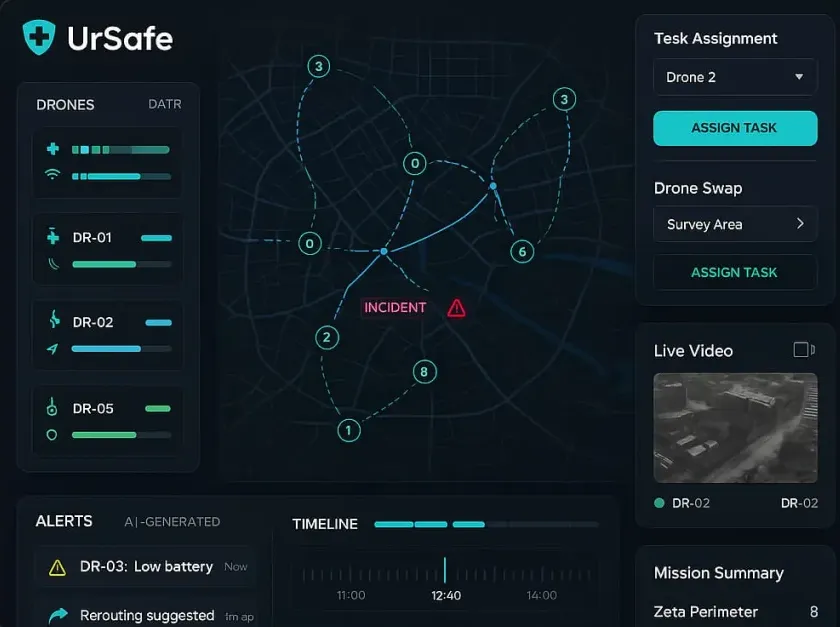 UrSafe drone monitoring interface showing drone statuses, incident location on map, alerts, timeline, task assignments, live video feed, and mission summary.
