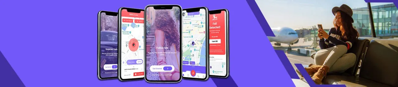 Five smartphones displaying safety app screens beside a woman sitting in an airport lounge using her phone with a plane visible outside.