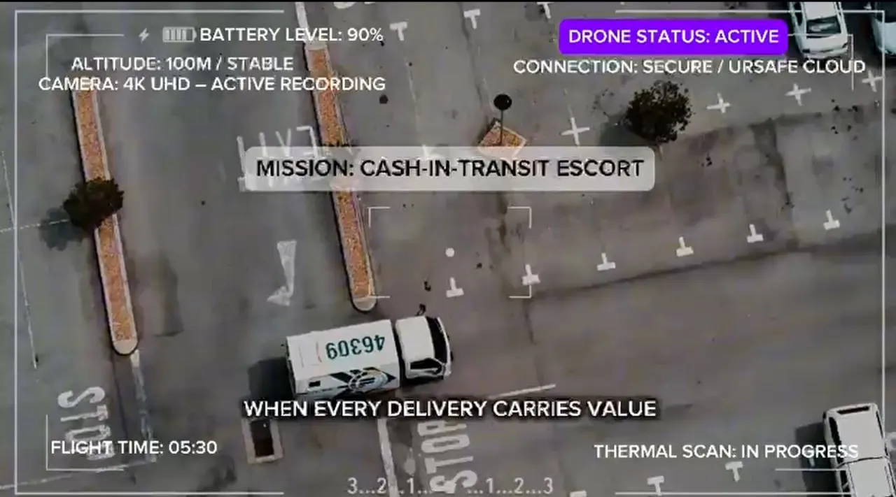 Aerial drone view of a white cash transport van in a parking lot with mission data overlay including battery level, altitude, flight time, and thermal scan status.