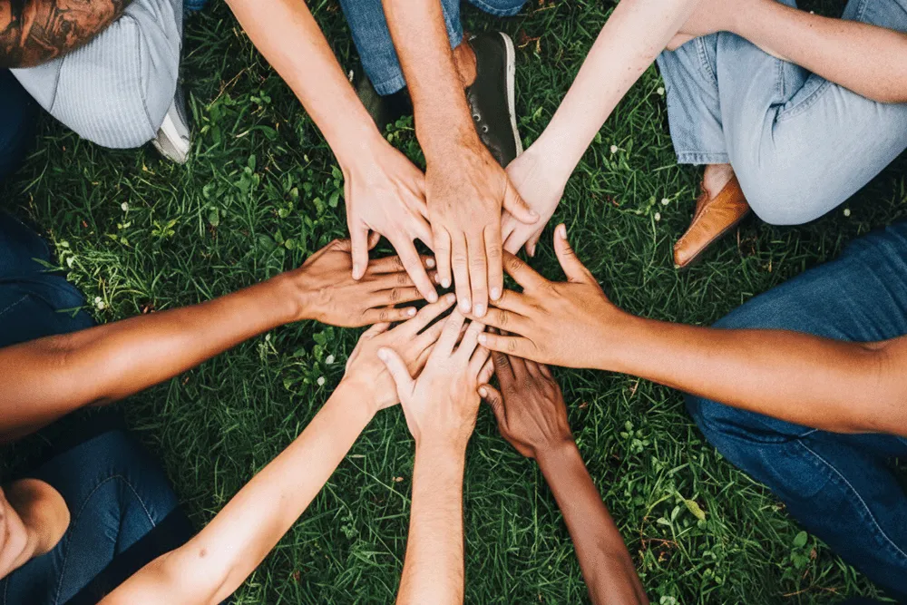 Diverse group of people sitting in a circle on grass with their hands stacked together in the center.