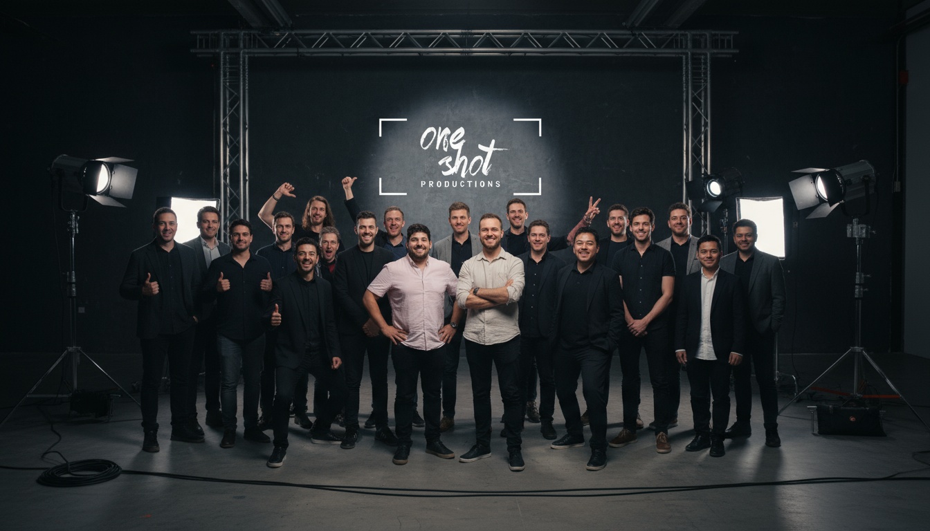 The entire One Shot Productions team on set for a large production with the two co-founders
