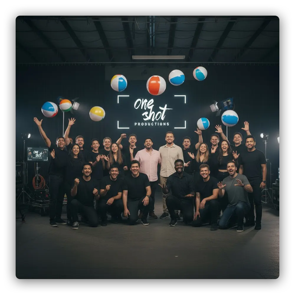 One Shot Productions Team photo throwing balls and smiling