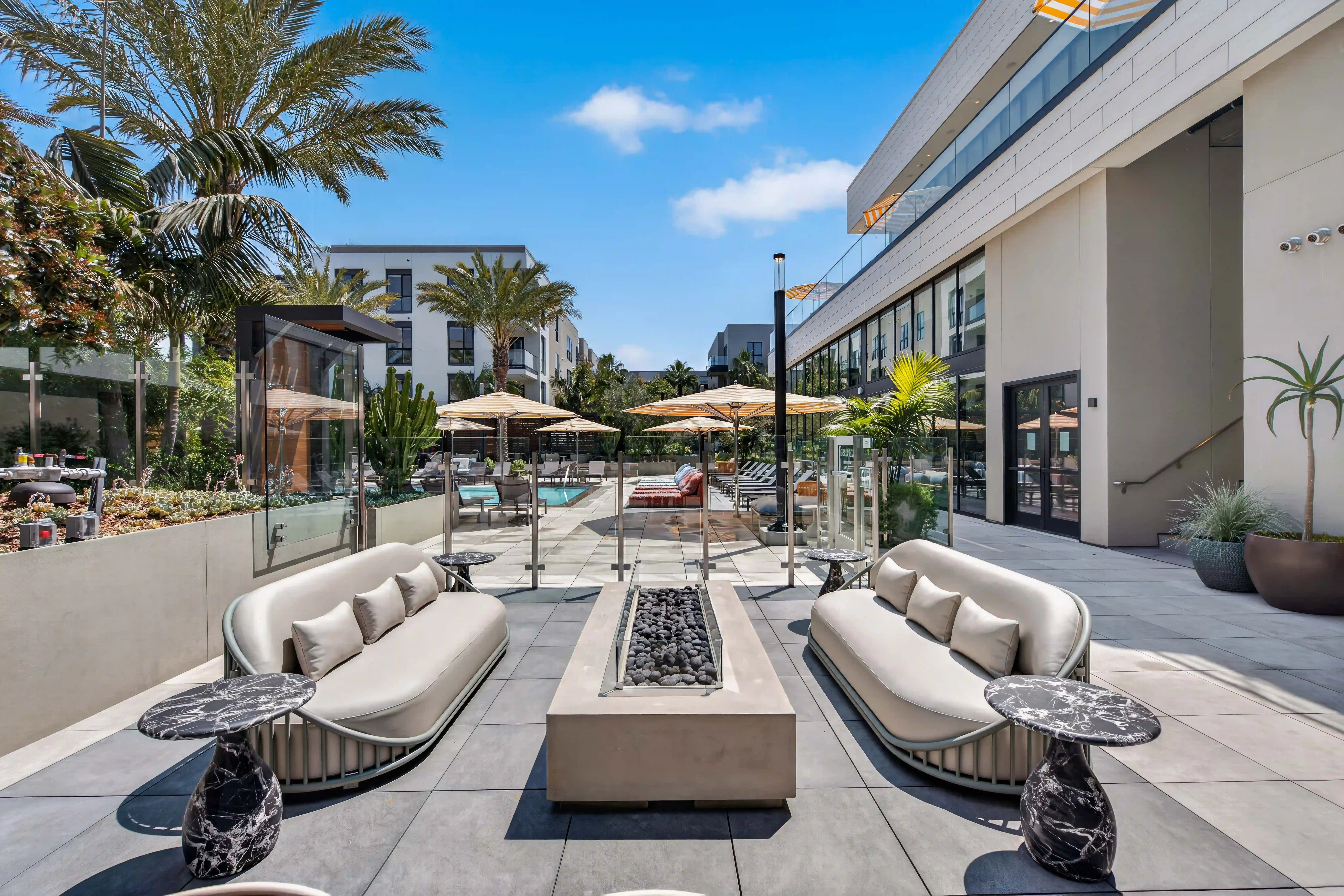 Outdoor amenity terrace with contemporary seating