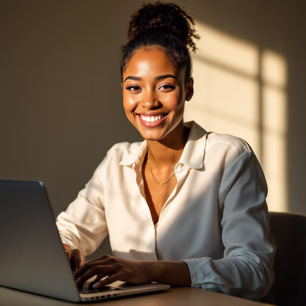[headshot] image of satisfied student using a laptop