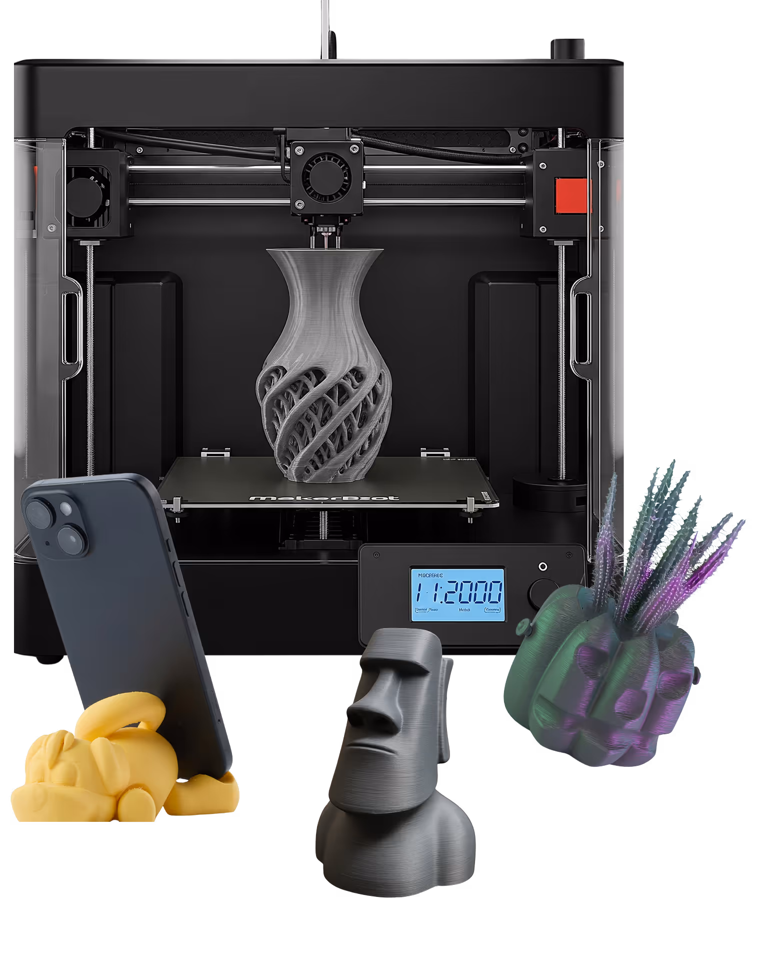 Black MakerBot 3D printer printing a complex vase, surrounded by three 3D-printed objects.