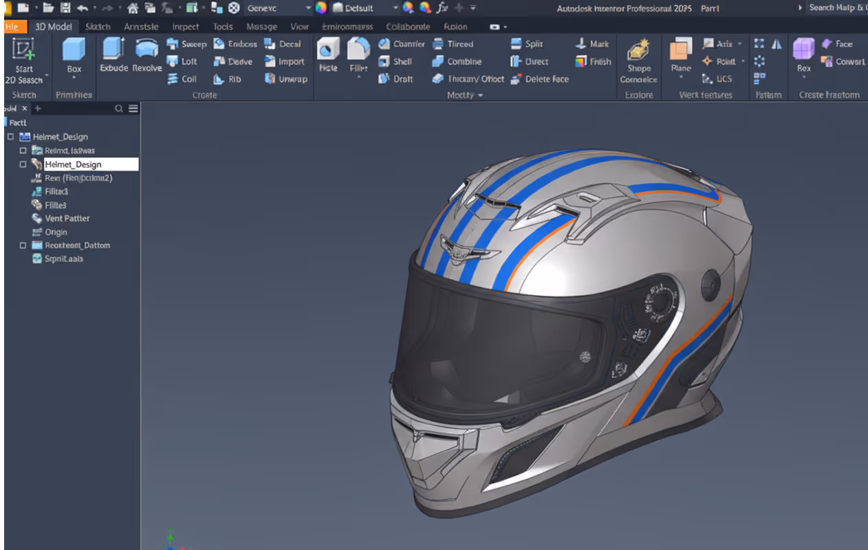 3D model of a motorcycle helmet with blue and orange stripes displayed in Autodesk Inventor Professional 2023 software interface.