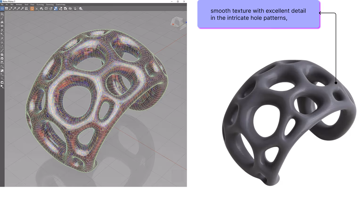 3D modeling software displaying a complex, perforated bracelet design with smooth texture and intricate hole patterns.