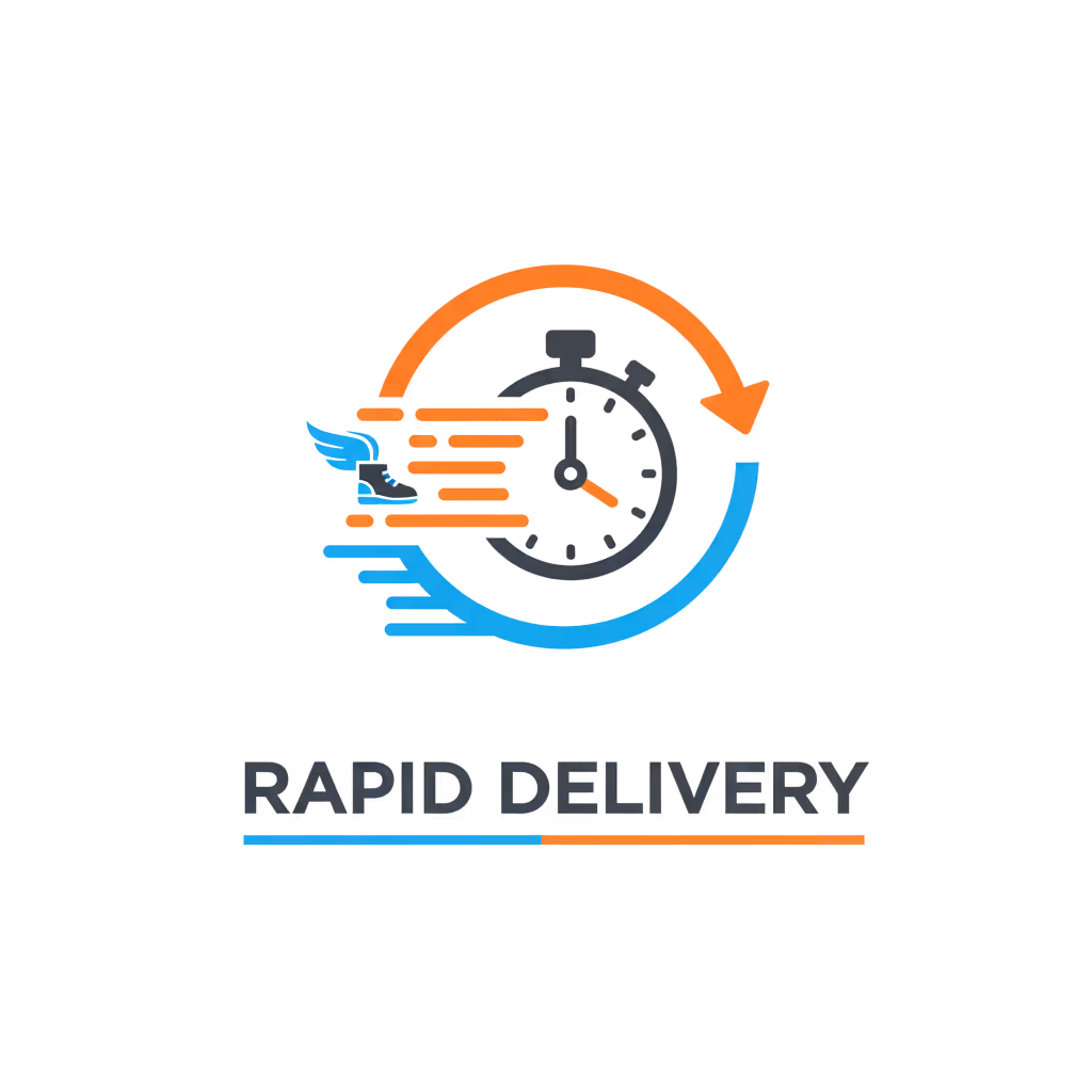 Graphic with stopwatch and arrows symbolizing fast movement and speed, labeled Rapid Delivery.