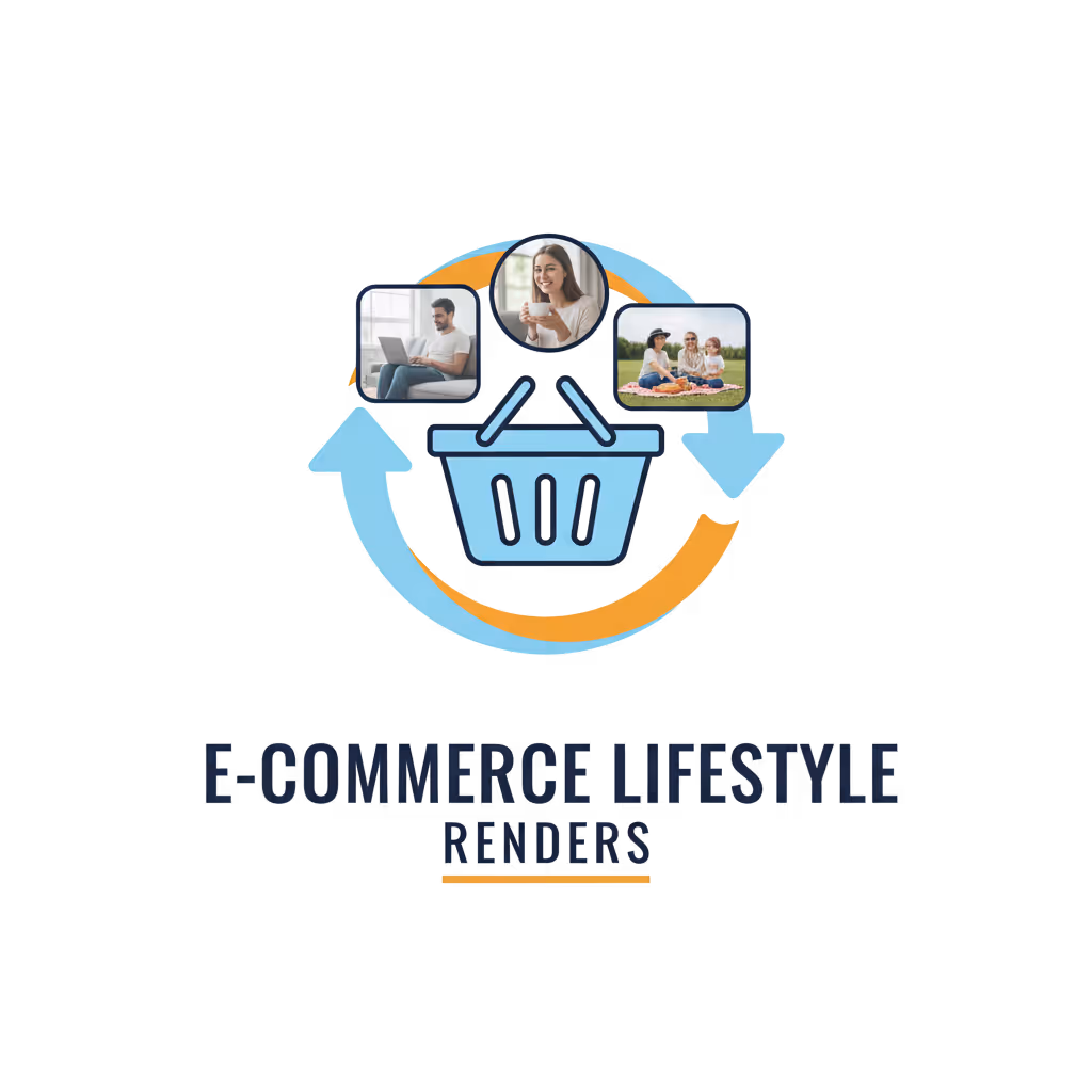 Icon of a blue shopping basket with arrows circling it, featuring images of a woman drinking coffee, a man using a laptop, and a family picnic, with text 'E-Commerce Lifestyle Renders' below.