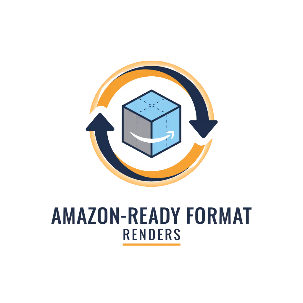 Logo featuring a blue cube with an Amazon smile, surrounded by rotating orange and dark blue arrows, with text 'Amazon Ready Format Renders' below.