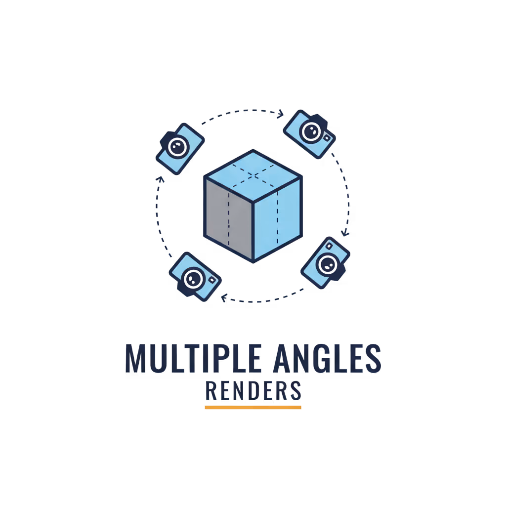 Illustration of a cube surrounded by four cameras indicating multiple angles for renders.