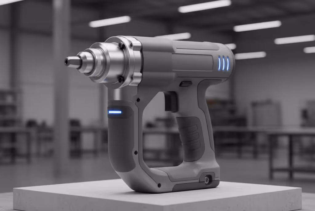 Modern cordless power drill with metallic chuck and blue indicator lights on gray handle set on a white platform in an industrial workshop.
