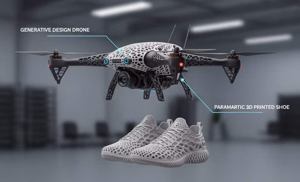 A generative design drone with a 3D printed shoe sharing a similar lattice structure showcased below it.
