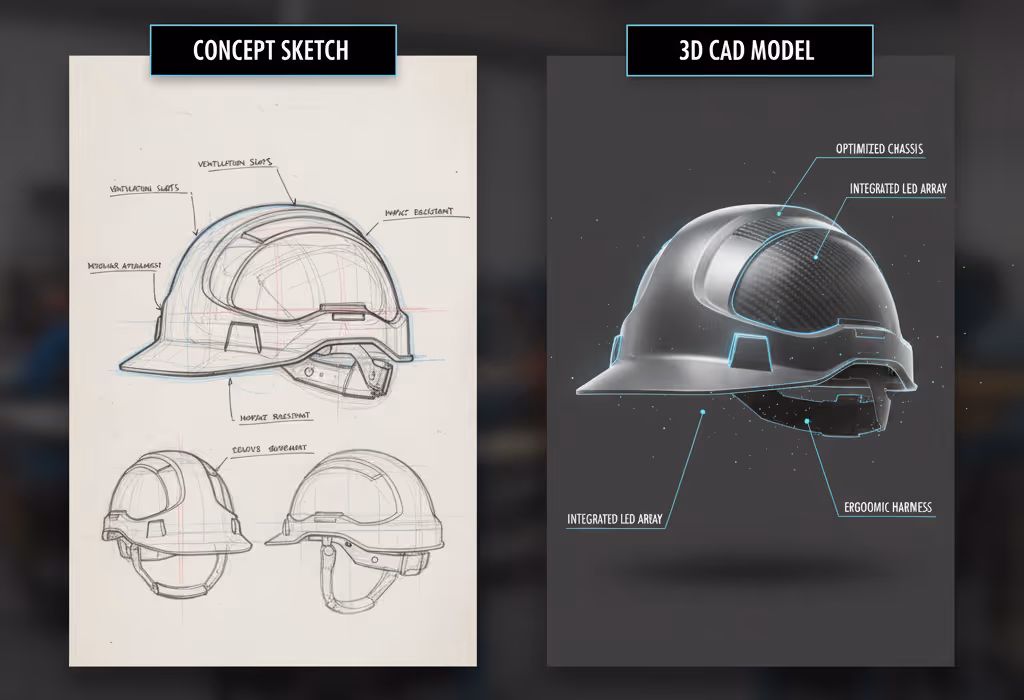 Side-by-side comparison of a concept sketch and 3D CAD model of a helmet highlighting design features like ventilation slots, impact resistance, integrated LED array, and ergonomic harness.