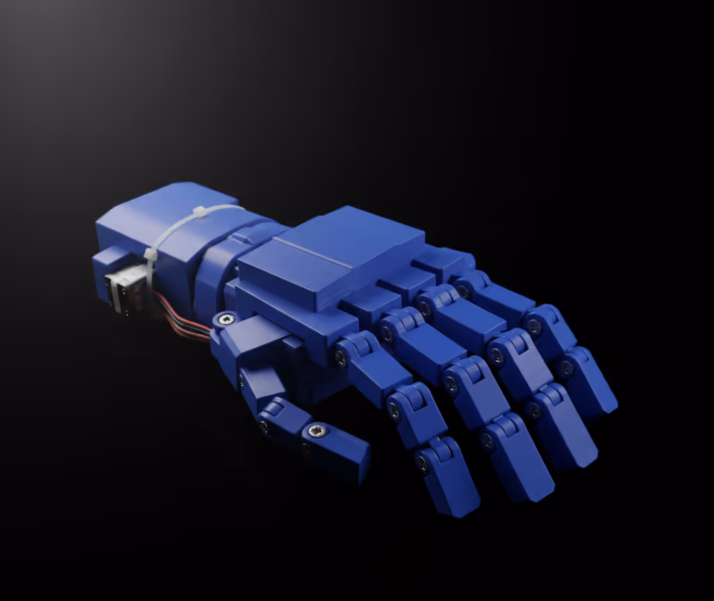 Blue robotic hand with articulated fingers on a black background.