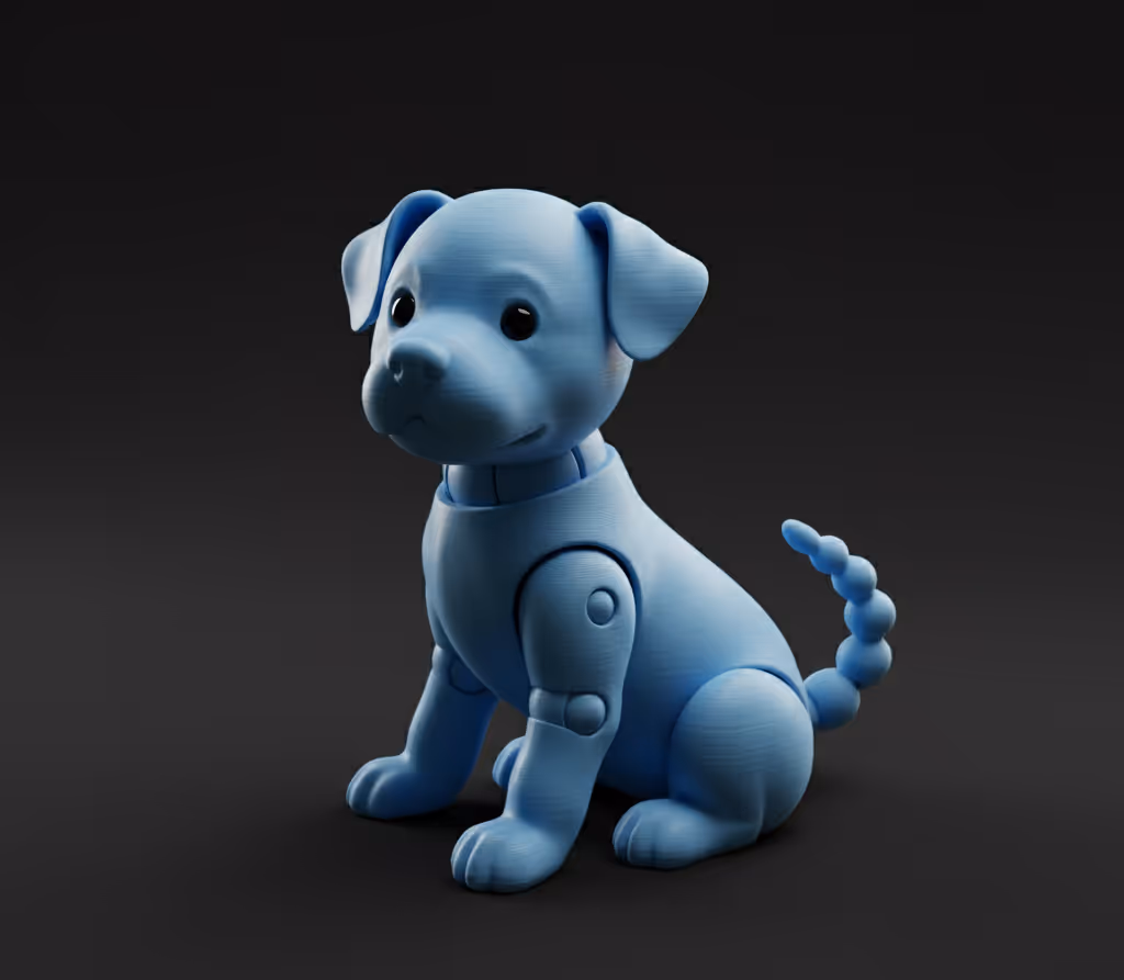 Blue robotic dog sitting with a segmented tail against a dark background.
