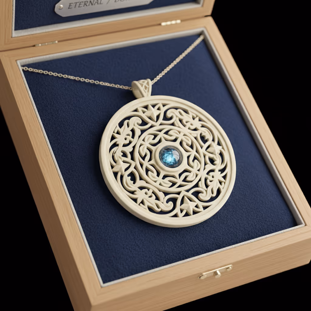 Intricately carved round pendant with a blue gemstone center on a silver chain inside a wooden box with navy blue lining.