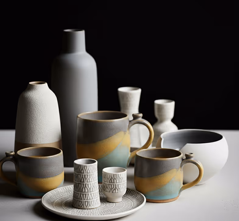 Assortment of ceramic mugs, vases, and cups in muted colors with abstract patterns on a white surface against a black background.