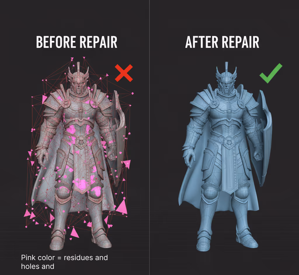 Side-by-side 3D model of an armored warrior before repair with pink residues and holes marked, and after repair with a smooth surface.