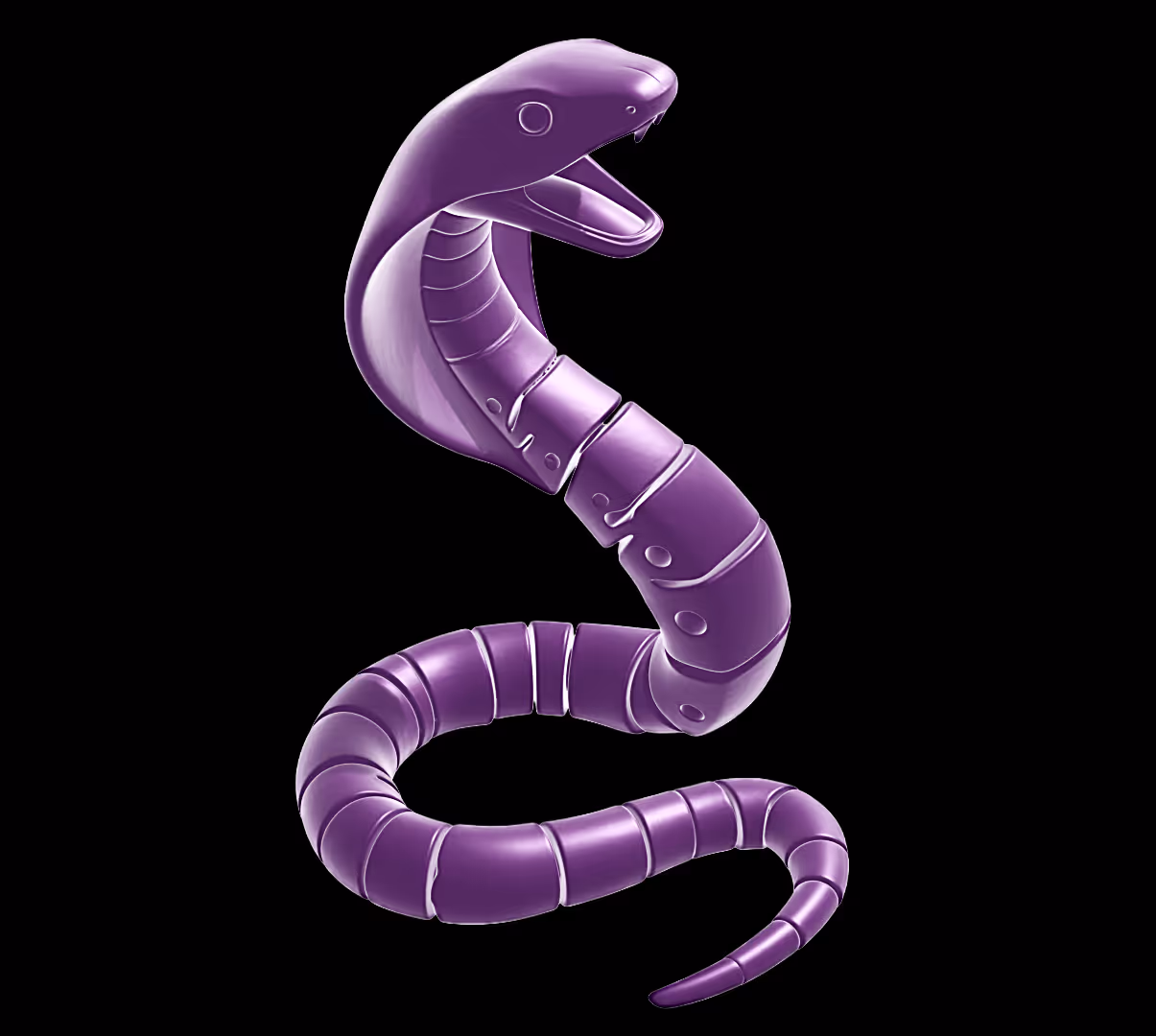 Stylized purple segmented snake with an open mouth on a black background.