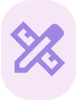 Purple icon of a pencil crossing a ruler in an oval lavender background.