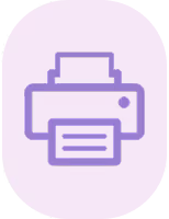 Purple printer icon with a sheet of paper on a light purple circular background.