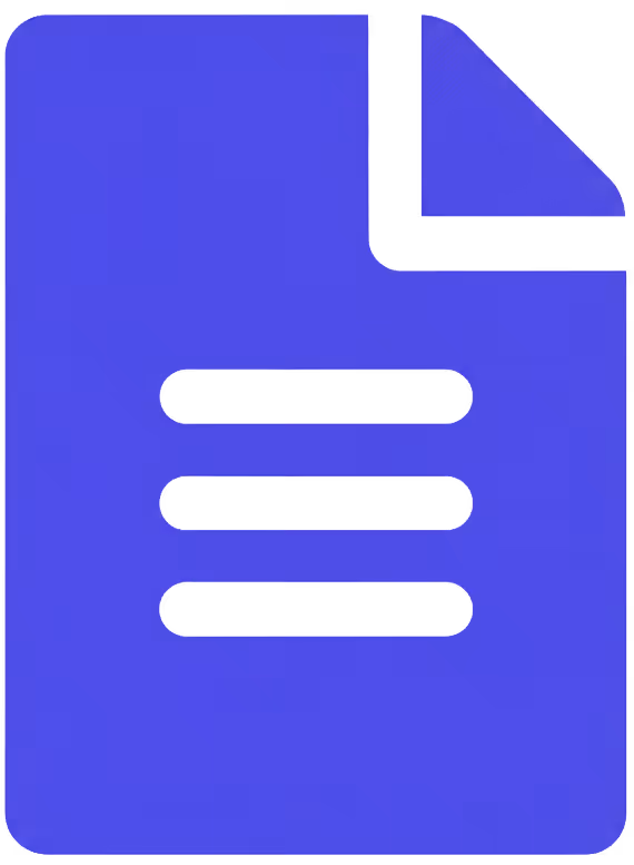 Blue icon of a document with a folded corner and three horizontal lines representing text.